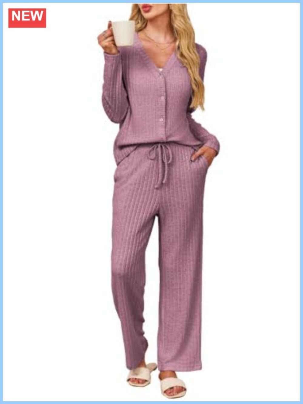Ribbed Button Down 2 Piece Pajama Set Wide Leg Pants Lounge Sleepwear